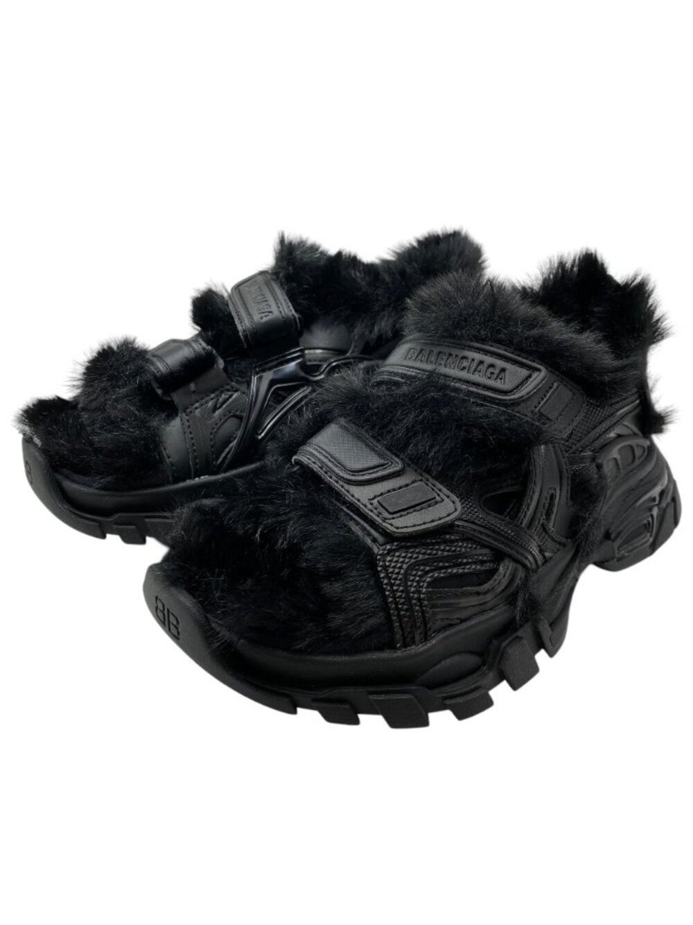 Balenciaga Truck Eco Fur Trim Sandals Rubber Faux Fur Black